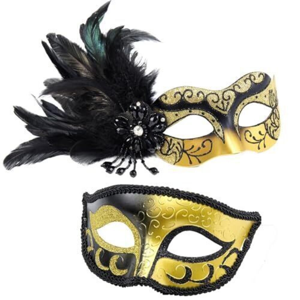 6770 2025 New Couples Venetian Masquerade Mask Set Feathers - Black